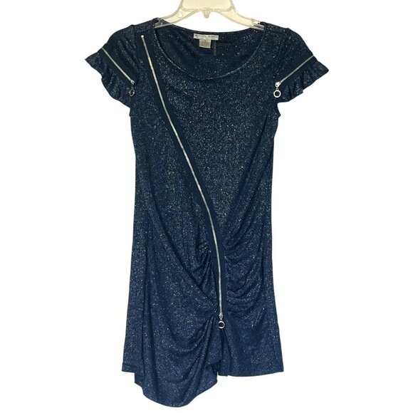 Alberto Makali Navy Blue Metallic Glitter Asymmetrical Zip Tunic Mini Dress - Picture 1 of 5